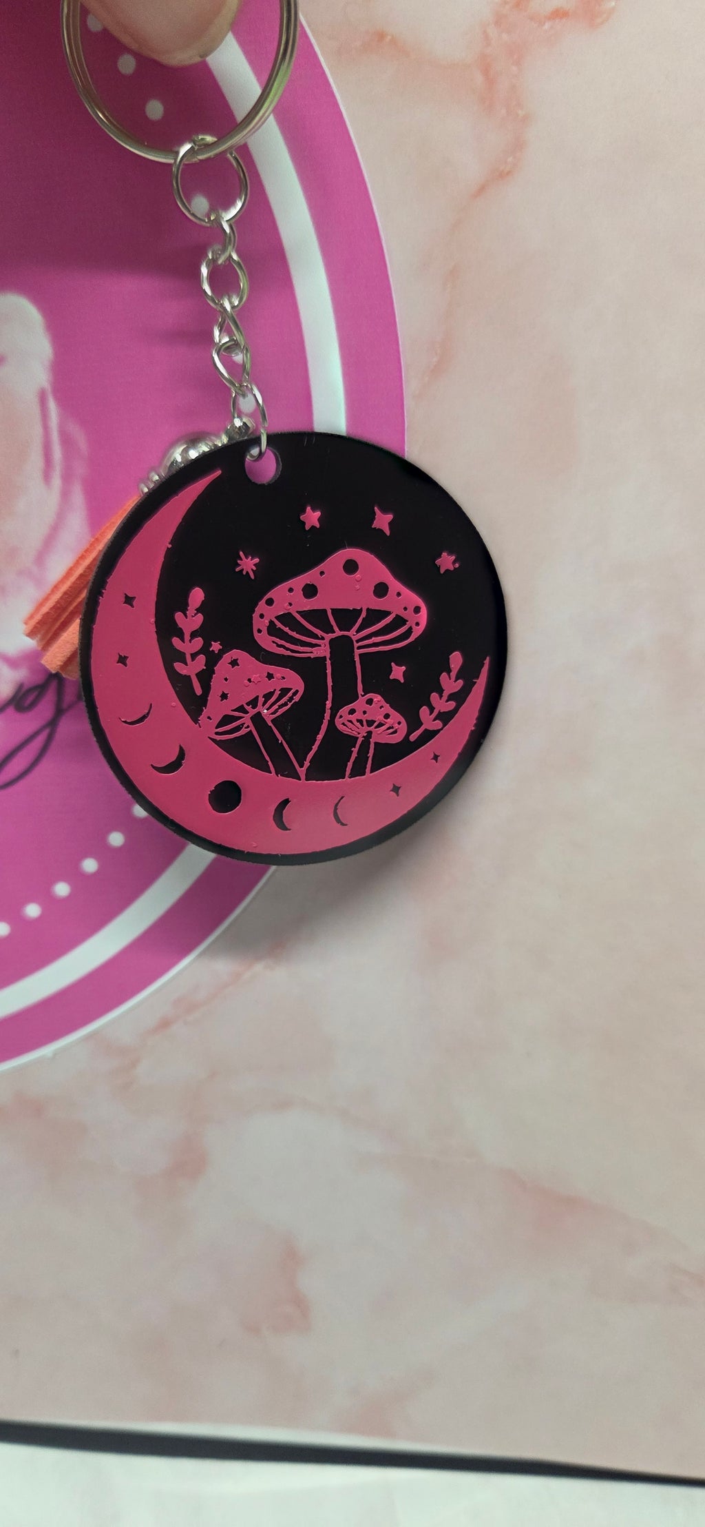 Pink mushroom on black arcylic keychain