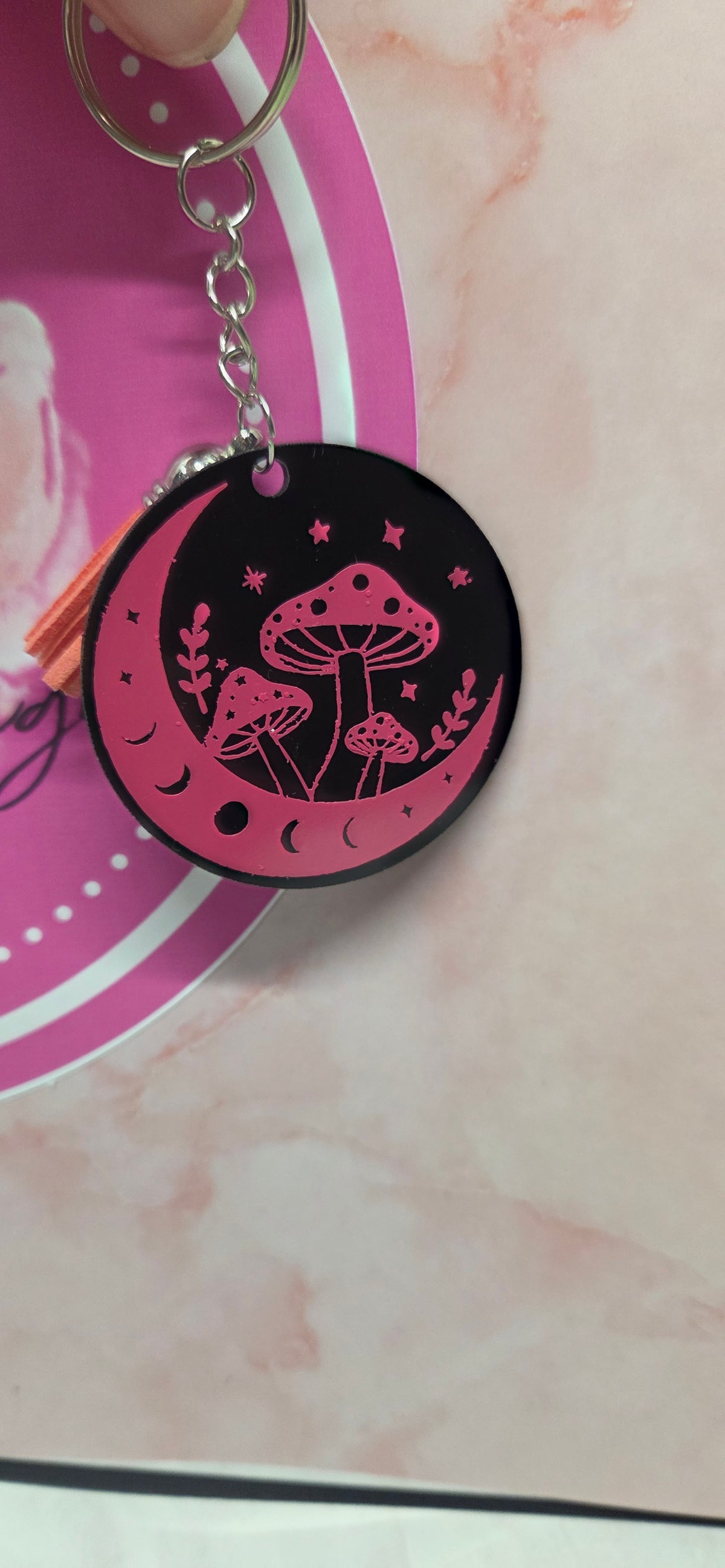 Pink mushroom on black arcylic keychain